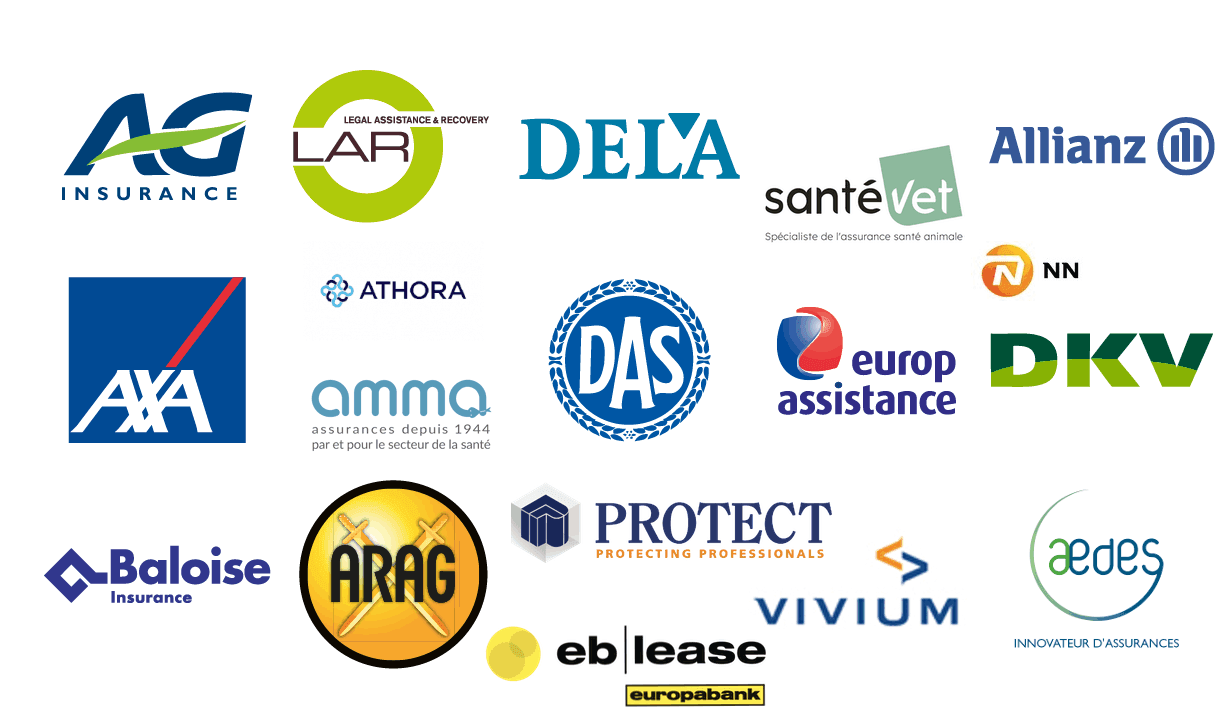 Logos de divers assureurs, y compris AXA, DKV, et Baloise, illustrant la diversité des partenaires de courtage.